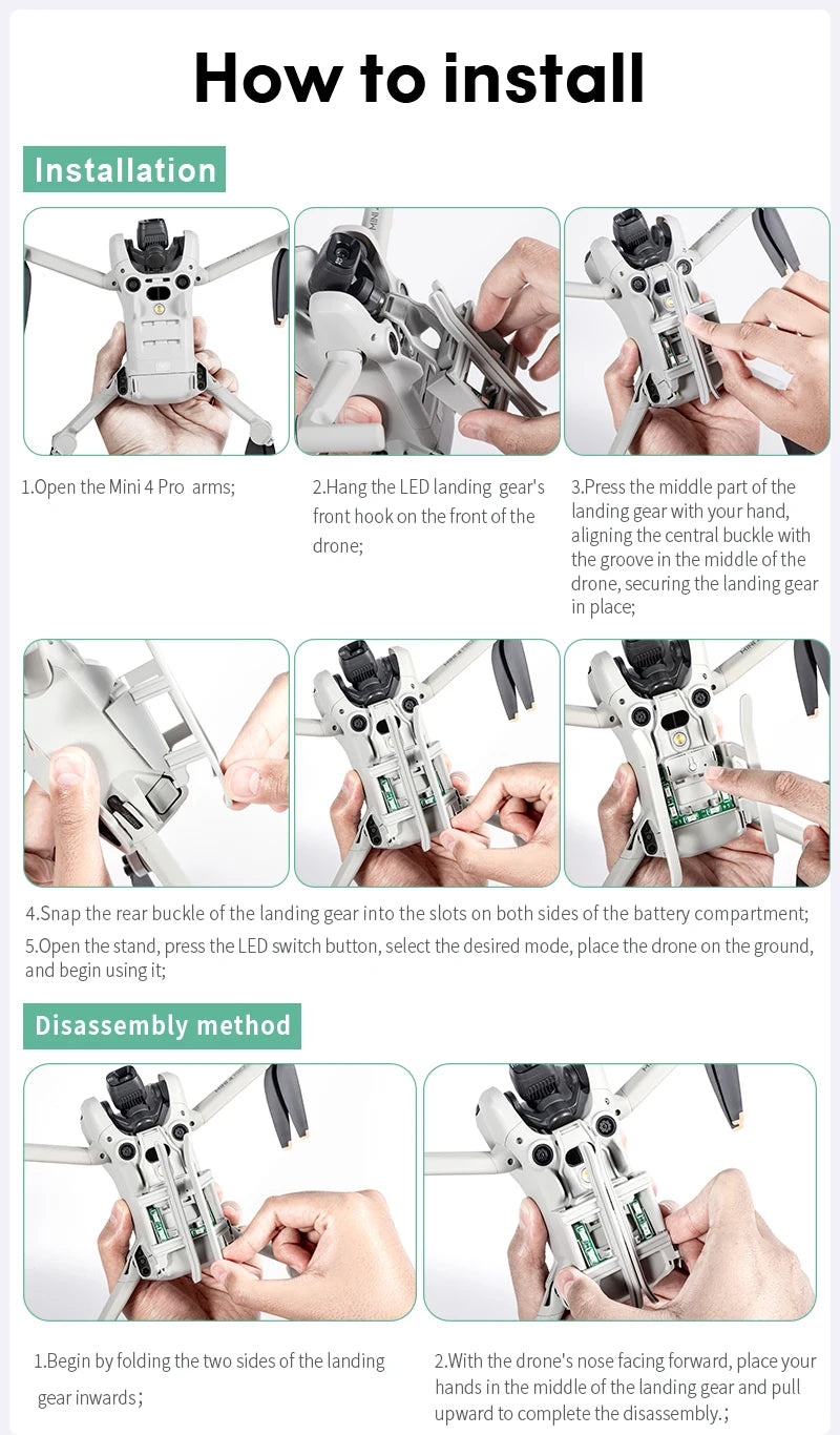 SKYPOINT Colorful LED Landing Gear for DJI Mini 4 Pro Drone Accessory Foldable Landing Gear with Flash LED Lights