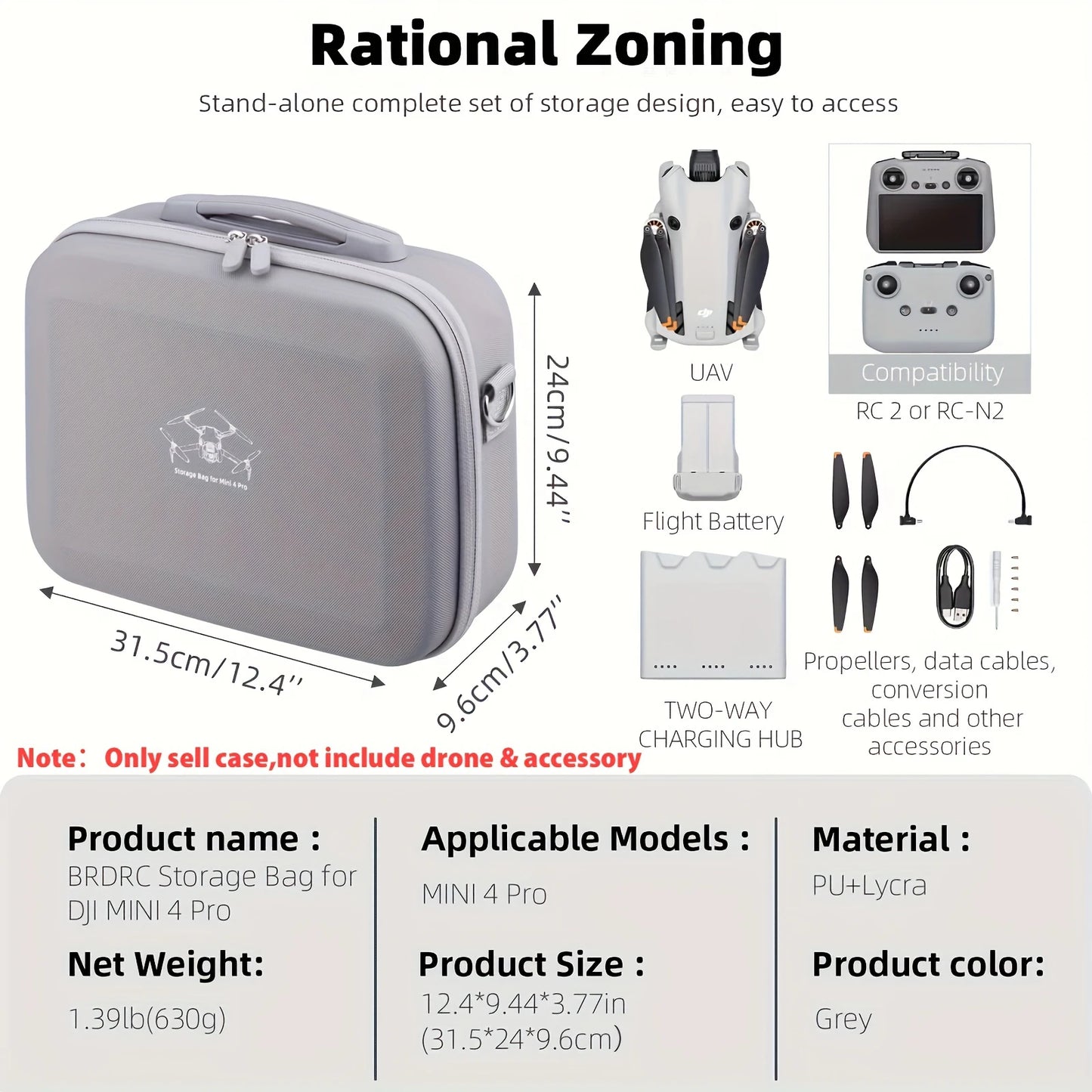 SKYPOINT Mini 4 Pro RC 2 Case, Large Capacity Portable PU Leather Storage Bag for DJI Mini 4 Pro Fly More Combo Drone RC2 Controller Kit