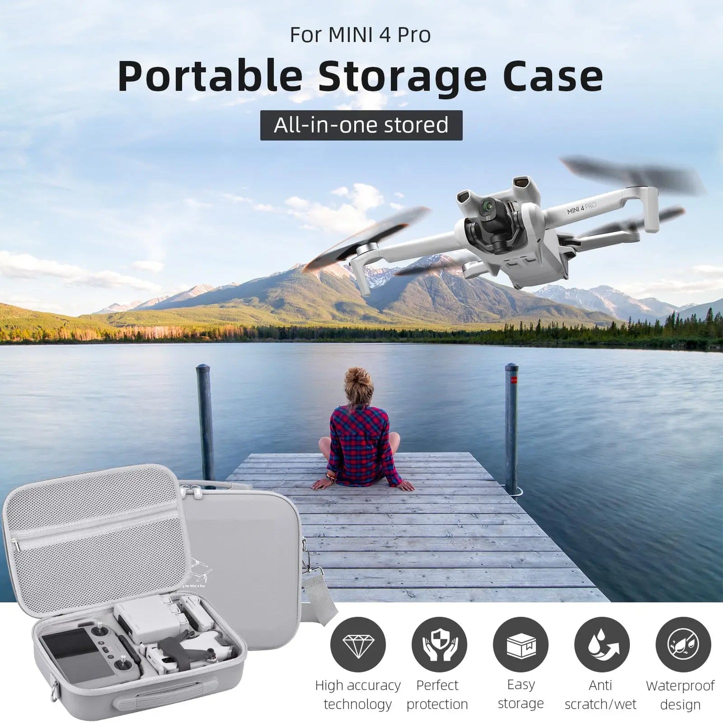SKYPOINT Mini 4 Pro RC 2 Case, Large Capacity Portable PU Leather Storage Bag for DJI Mini 4 Pro Fly More Combo Drone RC2 Controller Kit